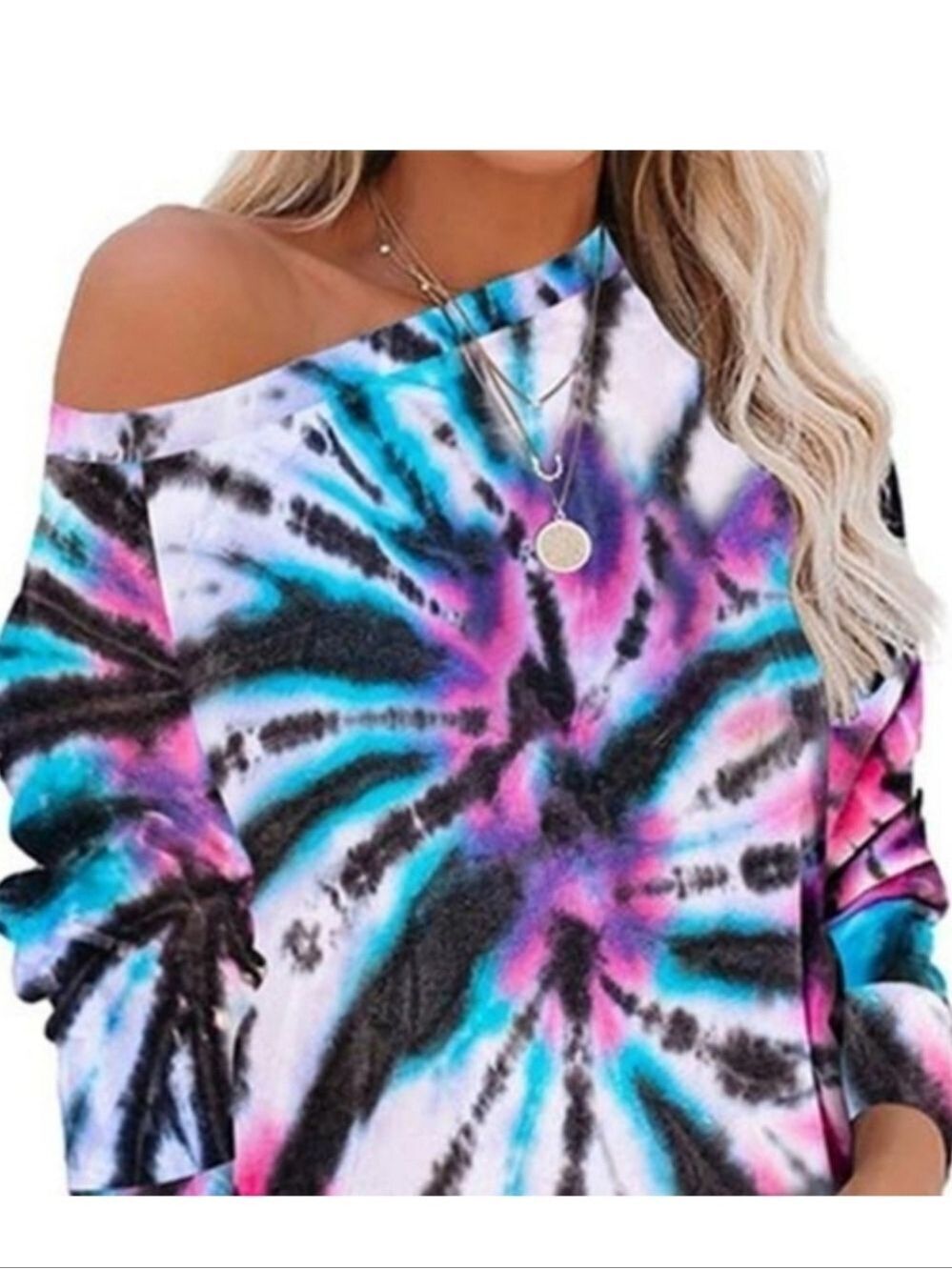 BIBI Blue & Fuchia Tie Dye Abstract Long Sleeve Top Size Medium NWT